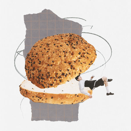 Contemporary art collage. Creative design with young stylish man lying inside bagel. Breakfast time . Concept of food, retro style, artwork, taste, creativity. Copy space for ad, textの写真素材