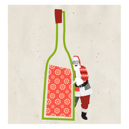 Contemporary art collage. Cheerful senior man in image of Santa Claus standing near giant bottle with sweet drink. Concept of winter holidays, Christmas, New Year, creativity. Copy space for ad, textの写真素材