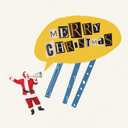 Contemporary art collage. Cheerful senior man in image of Santa Claus shouting in megaphone and greeting with holidays. Concept of winter holidays, Christmas, New Year. Copy space for adの写真素材