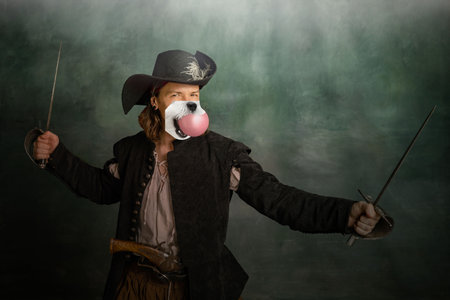 Creative art collage. Man in image of medieval knight in costume with dog muzzle mouth isolated over...