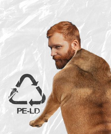 Contemporary art collage. Portrait of young red headed bearded man with dogs body isolated on white...