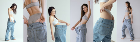 Collage. Beautiful slim women posing in oversized jeans on grey background. Losing weight, diet and...