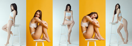 Collage. Full-length portraits of beautiful young women with slim fit figure posing in underwear on...