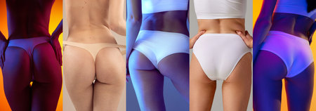 Collage. Female buttocks in underwear over multicolored background in neon light. Anti-cellulite...