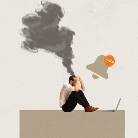 Contemporary artwork. Creative design in retro style. Man sitting in stress and holding burning head. Having many notifications and emails. Deadlines. Concept of business, time management, occupationの写真素材