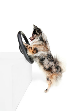 Portrait of cute small dog, Pomeranian spitz with automobile wheel isolated over white background. Buying new car. Concept of domestic animal, pet friend, care, motion, vet. Copy space for adの写真素材