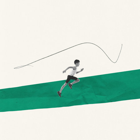 Creative design. Side view image of boy, teenager in motion, running on green drawn road isolated over white background. Concept of sport, motion, action, creativity, pastel colors, motivation. Adの写真素材