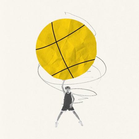 Creative design. Teen boy, basketball player in motion, jumping and throwing bi drawn yellow ball over light background. Concept of sport, motion, action, creativity, pastel colors, motivation. Adの写真素材