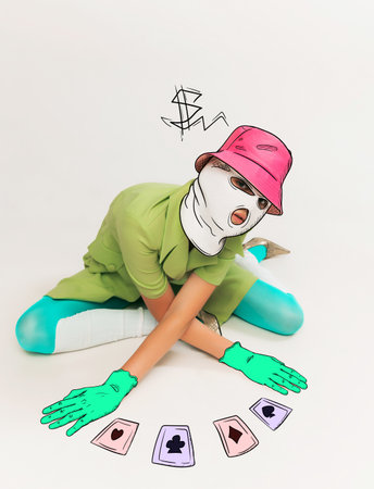 Contemporary art collage. Creative design. Young girl in image of gangster playing cards. Pop art drawings. Concept of creativity, surrealism, zine style Vibrant color design. Copyspace for adの写真素材