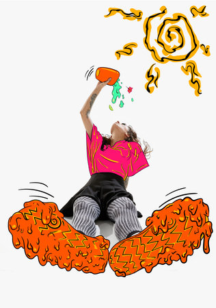 Contemporary art collage. Creative design. Young girl drinking water on a hot day. Drawn sun. High temperature. Concept of creativity, surrealism, pop art. Vibrant color design. Copyspace for adの写真素材