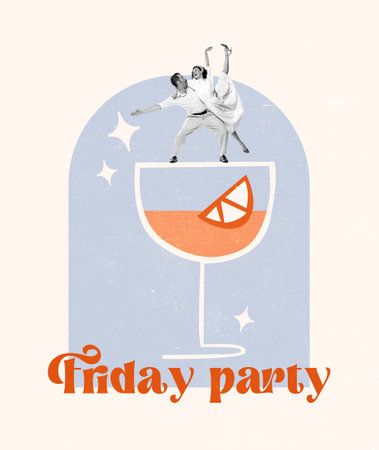 Contemporary artwork. Creative design in retro style. Stylish cheerful couple, man and woman dancing on cocktail. Concept of fun, party, youth, lifestyle, Friday meeting, weekendの写真素材