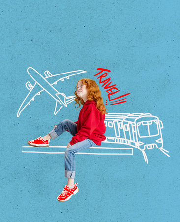 Creative colorful design. Contemporary art collage. Little girl, child dreaming to fly on a plane. Travelling activity. Concept of imagination, childhood, motherhood, creativity, dreams, adの写真素材