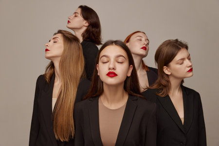 Portrait of young beautiful women in black jackets and red lipstick makeup posing with eyes closing on grey background. Concept of beauty, freedom, emotions, extraordinary fashion, modern style, youthの写真素材