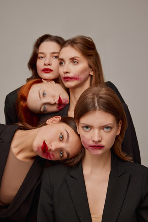 Portrait of young beautiful women in black jackets and red lipstick makeup posing over grey background. High fashion. Concept of beauty, freedom, emotions, extraordinary fashion, modern style, youthの写真素材