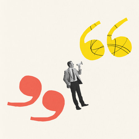Contemporary art collage. Creative design. Businessman shouting in megaphone, talking about new...
