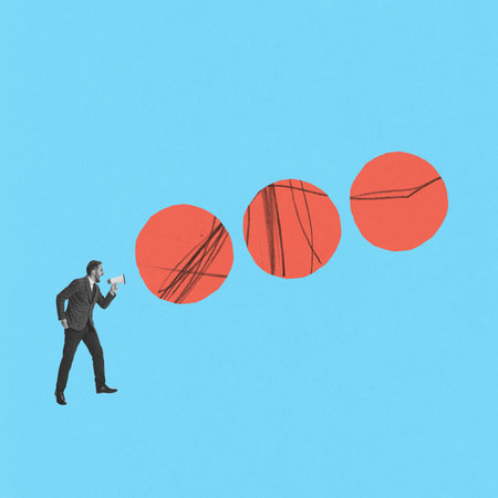 Contemporary art collage. Creative design. Angry businessman shouting in megaphone and dividing tasks to employees. Concept of business, career development, success, growth, occupationの写真素材