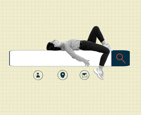 Contemporary art collage. Creative design. Young employee, woman lying on internet search icon. Information chain. Project making. Concept of business, career development, success, growth, occupationの写真素材
