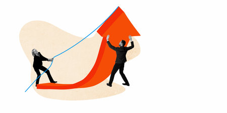 Contemporary art collage. Creative design. Employees, man and woman pulling arrow upwards...