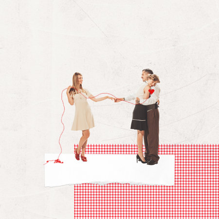 Contemporary art collage. Creative design in retro style. Couple hugging. Man holding hand of another woman. Unfair love. Concept of relationship, Valentines Day, love, feelings. Copy space for adの写真素材