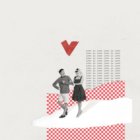 Contemporary art collage. Creative design in retro style. Stylish young couple, man and woman walking on a date. Concept of relationship, Valentines Day, love, feelings. Copy space for adの写真素材