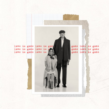 Contemporary art collage. Creative design in retro style. Serious man and woman together. Breakup. Love is gone. Concept of relationship, emotions, love, feelings. Copy space for adの写真素材