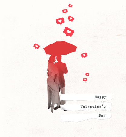 Contemporary art collage. Creative design in retro style. Silhouette of couple standing together under umbrella. Valentines Day postcard. Concept of relationship, love, feelings. Copy space for adの写真素材