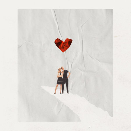 Contemporary art collage. Creative design in retro style. Lovely young couple, man and woman spending time together. Concept of relationship, Valentines Day, love, feelings. Copy space for adの写真素材