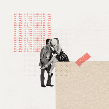 Contemporary art collage. Creative design in retro style. Lovely young couple, man and woman kissing behind straw hat. Concept of relationship, Valentines Day, love, feelings. Copy space for adの写真素材