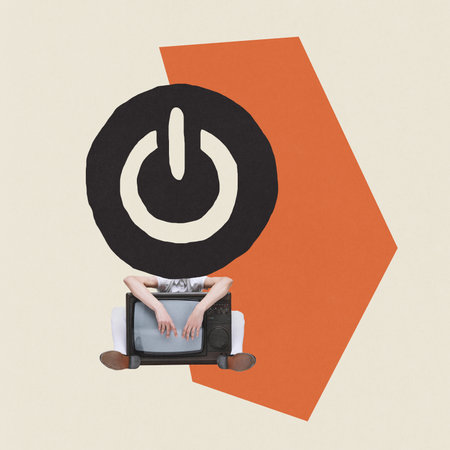 Contemporary art collage. Conceptual image. Man sitting behind retro TV with torn off sight meaning...