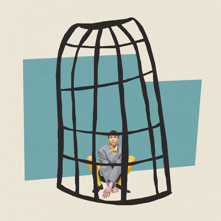 Contemporary art collage. Conceptual image. Young stylish boy sitting in bird cage symbolizing mental pressure and breakdown. Mental health. Concept of psychology, emotions, inner world, feelingsの写真素材