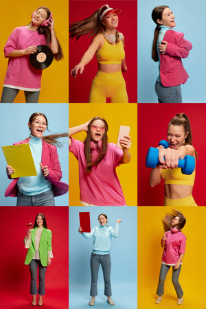 Collage. Portrait of young stylish woman posing in different clothes and images over multicolored...