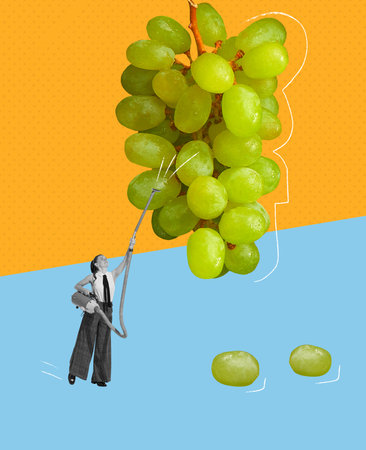 Food pop art photography. Contemporary art collage. Creative design of young woman picking grapes...