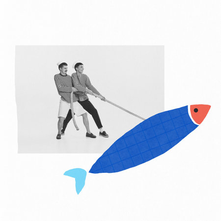 Contemporary art. Creative design with two young boys, seamen pulling big drawn fish. Summertime hobby. Sea vacation. Concept of creativity, imagiation, vintage style, fun. Copy space for ad, posterの写真素材