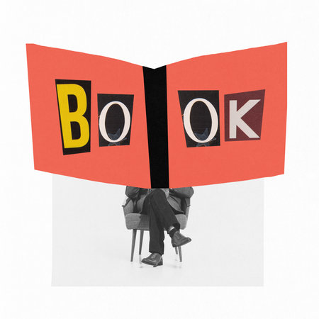 Contemporary art collage. Creative design with man in a suit sitting on chair and reading book. Education time. Concept of creativity, imagiation, vintage style, fun. Copy space for ad, posterの写真素材