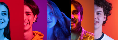 Collage. Half-faced portraits of young cheerful people smiling, posing isolated over multicolored background in neon light. Concept of emotions, facial expression, feelings, fashion, beauty, adの写真素材