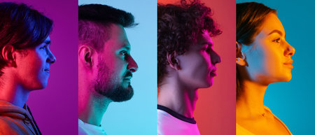 Collage. Side view portraits of different people, men and woman looking away isolated over multicolored background in neon light. Concept of emotions, facial expression, feelings, fashion, beauty, adの写真素材
