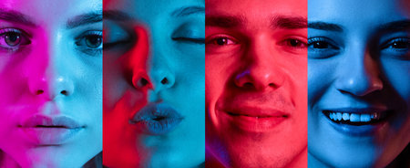 Collage. Close-up portraits of men and women showing different emotions in neon lights. Youth lifestyle. Concept of emotions, facial expression, feelings, fashion, beauty, adの写真素材