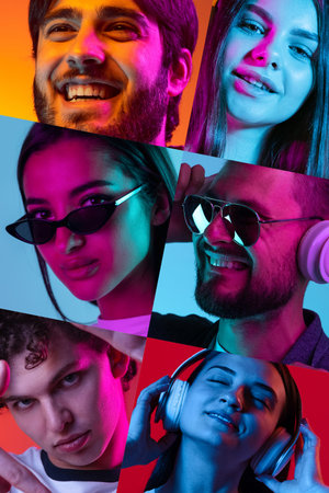 Collage. Portraits of different people, men and women posing over multicolored background in neon...