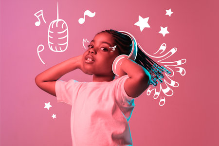 Creative design. Portrait of little beautiful african girl listening to music over pink background in neon light. Future singer. Concept of imagination, childhood, motherhood, creativity, dreams, adの写真素材