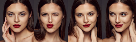 Collage. Portraits of young beautiful girl with straight brunette hair and red lips posing isolated over dark grey background. Concept of beauty, skin care, cosmetology, plastic surgery, makeupの写真素材