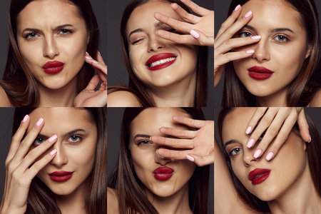 Collage. Portraits of young beautiful girl with perfect smooth skin and red lips posing isolated over dark grey background. Emotions. Concept of beauty, skin care, cosmetology, plastic surgery, makeupの写真素材