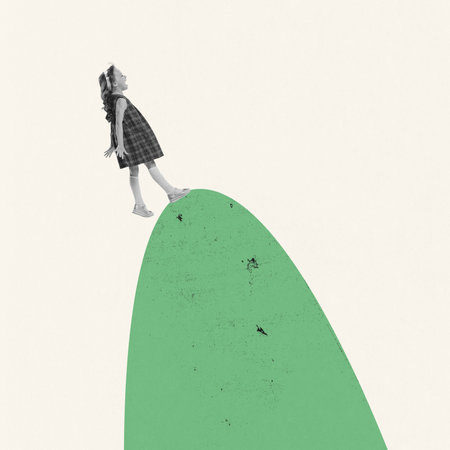 Contemporary art collage. Creative design. Little girl, child standing on the top of hill and shouting. Playful kid. Concept of imagination, childhood, motherhood, creativity, dreams, adの写真素材