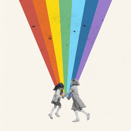 Contemporary art collage. Creative design. Happy cheerful children. two girl holding hands and spinning around the rainbow. Concept of imagination, childhood, motherhood, creativity, dreams, adの写真素材