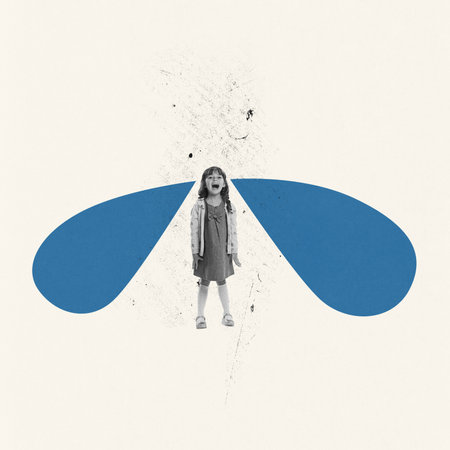 Contemporary art collage. Creative design. Little girl, child laughing with tears. Having fun. Cheerful lifestyle. Concept of imagination, childhood, motherhood, creativity and dreams, adの写真素材