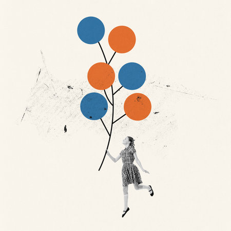 Contemporary art collage. Creative design. Little girl, child in school uniform carrying branch with berries. Nature explorer. Concept of imagination, childhood, motherhood, creativity, dreams, adの写真素材