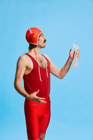 Portrait of stylish man with moustache posing in vintage swimsuit isolated on blue background....