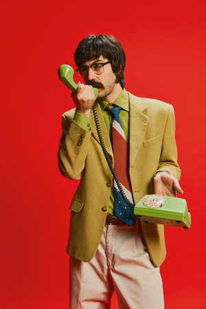 Portrait of stylish man with moustache, businessman in vintage suit talking on phone isolated over red background. Concept of retro style, creativity, emotions, facial expression, fashion, occupationの写真素材