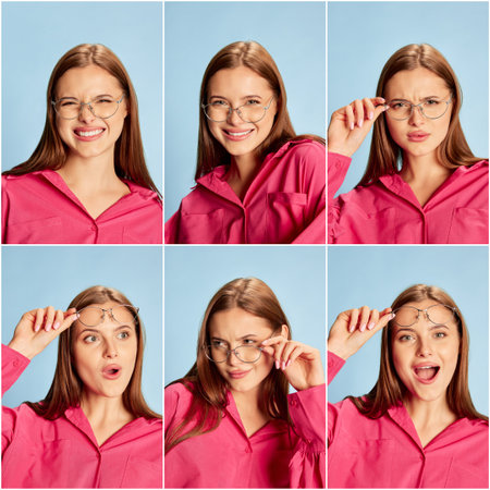 Collage. Portraits of young beautiful girl in stylish pink dress posing with different emotions isolated over blue background. Concept of youth, beauty, fashion, lifestyle, emotions, facial expressionの写真素材