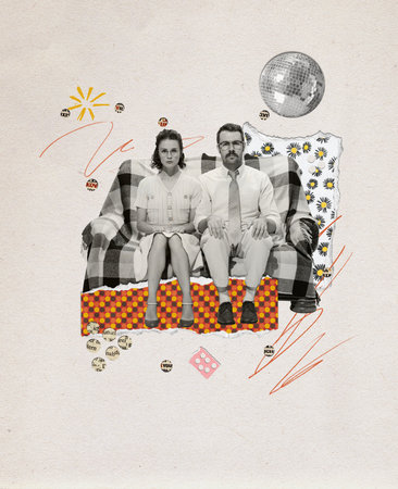 Contemporary art collage. Creative design in retro style. Beautiful young couple, man and woman sitting on sofa with serious face. Bored party. Concept of family, relationship, vintage, lifestyle.の写真素材