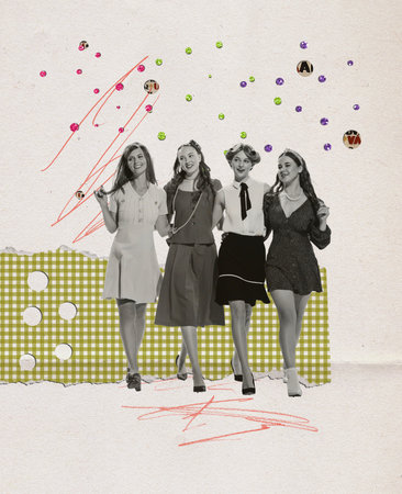 Contemporary art collage. Beautiful, young, stylish woman walking together, talking, having fun. Friends meeting. Concept of retro fashion, style, youth culture, emotions, beauty and adの写真素材
